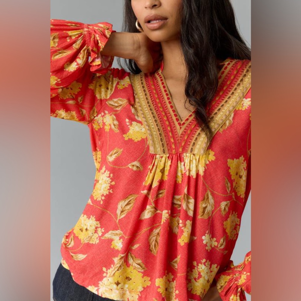 🖤Anthropologie BI-NK Stephanie V-Neck Balloon Sleeve Top | Size M